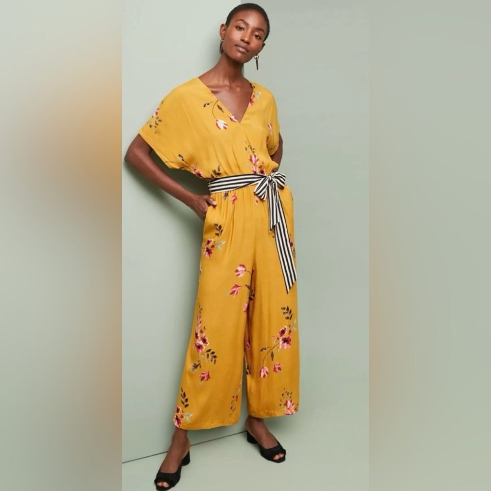 Anthropologie Mustard Floral Jumpsuit with Striped Belt